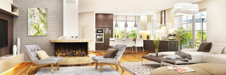 Amantii TruView Bespoke three-sided fireplace in a feature wall