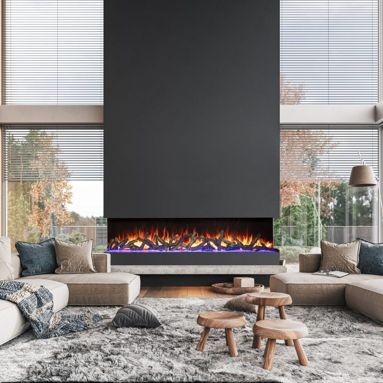 Two connected Amantii TruView Bespoke fireplaces in a large room